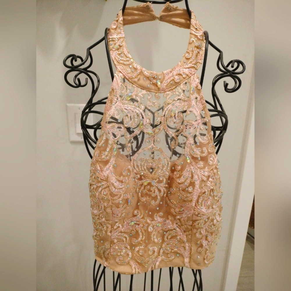 Women's Say Yes To The Prom  Beige Sheer Lace Rhinestone  Halter Top Sz 7
